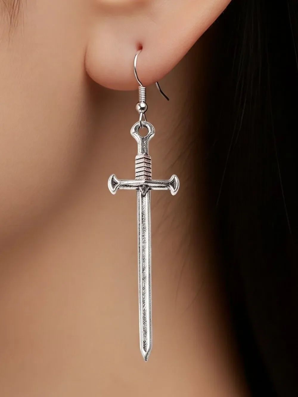 Silver Sword Dangle Earrings Gothic Punk Cross Sword Fantasy Statement Jewelry
